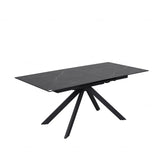 Russo matt black finish and stylish white vein ceramic top Extending Dining Table, that is 1.8M when close and 2.25m When Extended. Black Meta Legs that spread out to corners from the Middle